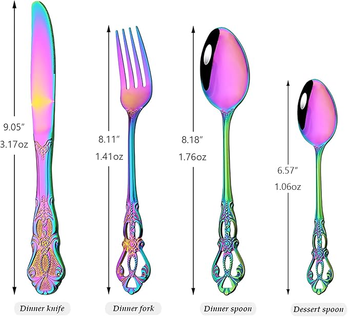 8-Piece Luxury Royal Silverware Set, 18/10 Stainless Steel Rainbow Flatware Set Service for 2, Tableware Cutlery Set Include Forks Spoons Knives, Modern Design & Mirror Polished Dishwasher Safe