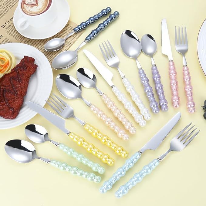 Silverware Flatware Cutlery Set, 4/16/24/32 Pieces 304 Stainless Steel Knives, Forks And Spoons, Creative Pearl Ceramic Handle Tableware, Steak Knives, Forks, Dessert Spoons(Purple,4Set-16Pc