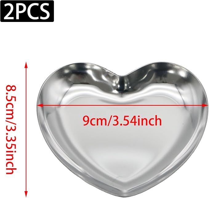 PINE & LINEN 2pcs Silver Jewelry Dish,3.5inch Stainless Steel Heart Trinket Tray Decorative Plate,Small Serving Tray for Home Decor/Decor Enthusiasts