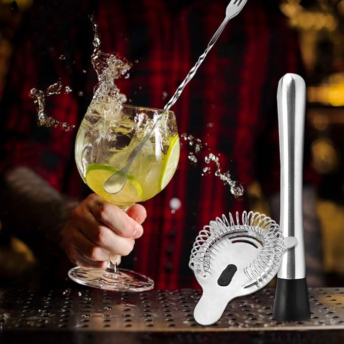 SENHAI Stainless Steel Cocktail Muddler, Spiral Mixing Spoon & 4-Prong Bar Strainer, Home Bar Bartender's Muddling Tool Set