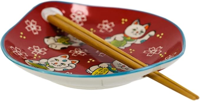 Ebros Red Maneki Neko Lucky Cat Appetizer Snack Serving Coupe Plate Dish With Chopsticks And Built In Rest Set Small Flat Bowl For Hors D'oeuvres Sushi Ice Cream Serveware Plates (2)