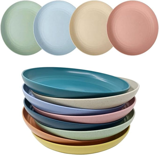 WANBY Lightweight Wheat Straw Plates Unbreakable Dinner Dishes Plates Set Dishwasher & Microwave Safe (Big 8 Pack 8')