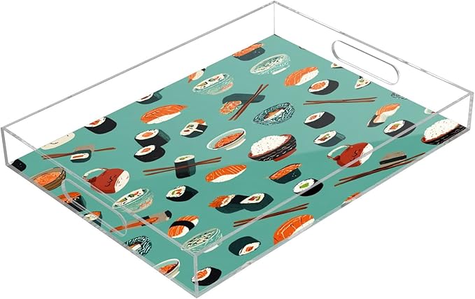 Serving Tray with Handles Clear Acrylic Tray 12x16 Inch Decorative Rectangular Tray Organizer for Ottoman Coffee Table Bathroom Teal Sushi