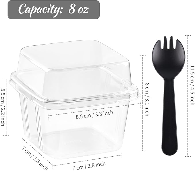 Kucoele 100 Pack 8 oz Plastic Dessert Cups with Lids and Sporks, Clear Square Cake Cups Parfait Containers for Pudding Fruit Mousse Yogurt and Shortcake