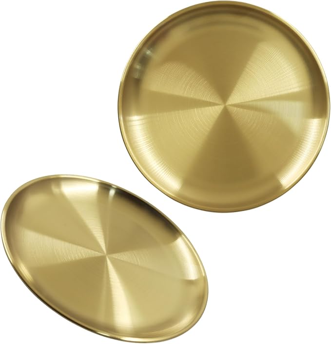Piutouyar 2 Pcs 20 cm / 7.87 Inch Round Serving Tray, Stainless Steel Circular Metal Platter, Decorative Tray Gold Dinner Dishes for Kitchen, Bathroom, Home