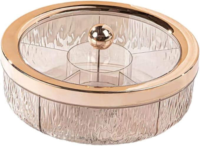 Divided Serving Tray with Transparent Lid Snack Tray Rotatable Base Appetizer Platter with 6 Compartments Dessert Dish Suitable for Gift Giving Home D, Rose Golden Ball