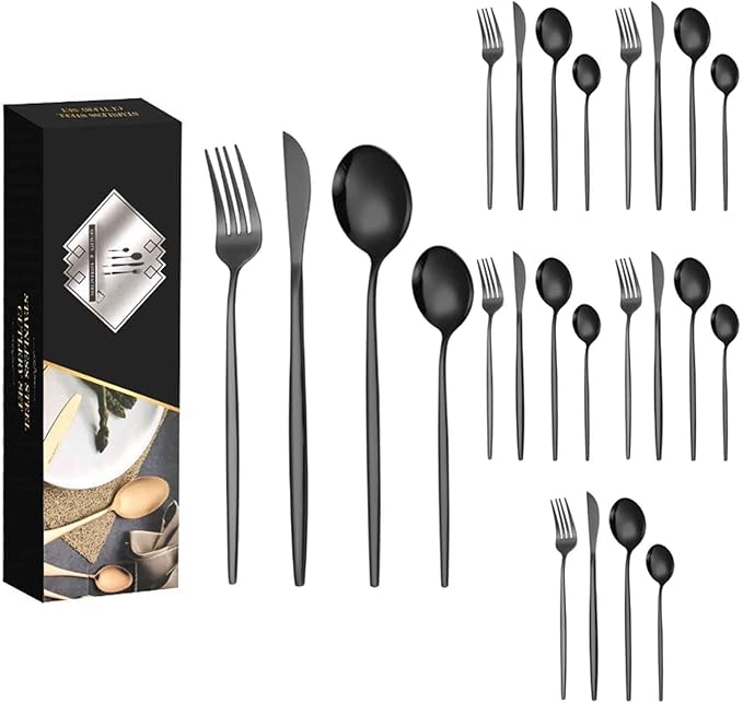 24 PCS Fine Flatware Set, Flatware Serving Set for 6, Utensil Set for Home and Restaurant Include Knives/Forks/Spoons, Dishwasher Safe, for Outdoor Camping Picnic(Size:A,Color:Black)