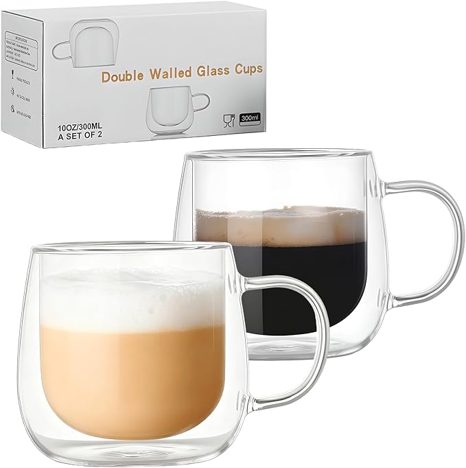 BEoneBEwin 10oz Double Walled Glass Coffee Mugs Set of 2, Clear Insulated Mug for Cappuccino, Latte, Borosilicate Glass Cup, Heat & Cold Resistant Glasses