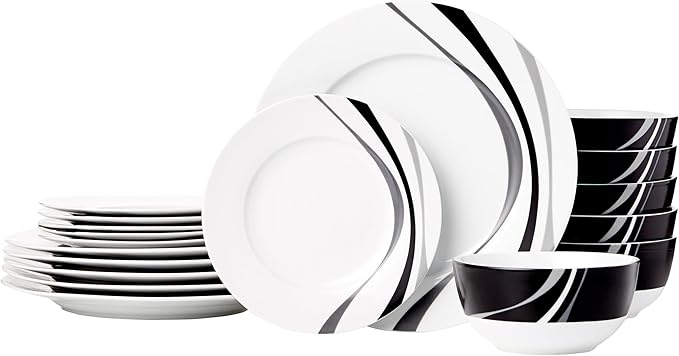 Amazon Basics 18-Piece Complete Kitchen Dinnerware Set, Microwave and Dishwasher Safe, Plates, Dishes, Bowls, Swirl, Heat Resistant, Service for 6, Everyday Use