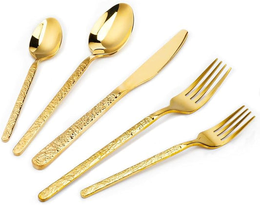 20-Piece Gold Silverware Set, Hammered 18/10 Stainless Steel Flatware Set for 4, Food-Grade Cutlery Set, Tableware Set Including Fork Knife Spoon Set,Dishwasher Safe