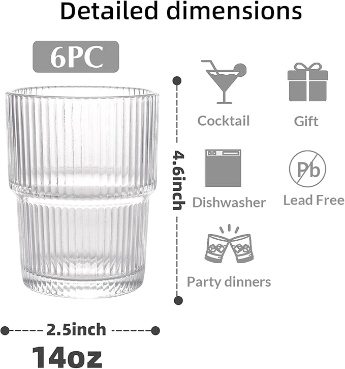 WeirdUncle Set of 6 Cute Ribbed Glassware,14oz Vintage Clear Glass Tumbler, Origami Style, Fluted Design, Ideal for Water, Iced Coffee, Juice, Milk Tea, Latte, Housewarming Gift