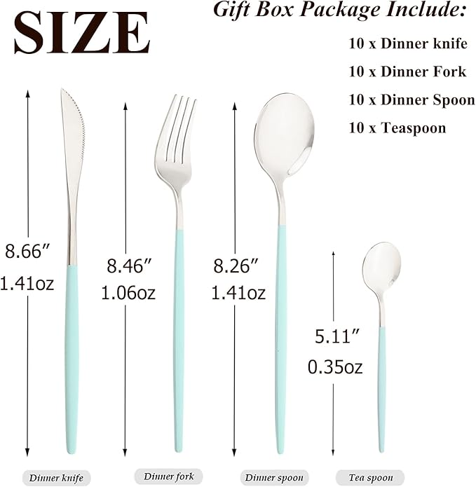 40 Pcs Silverware Set With Teaspoon For 10, Food Grade Stainless Steel Utensils Tableware Set, Elegant & Simple Flatware Serving Set Include Knife Fork Spoon, Mirror (Mint Green Silver)