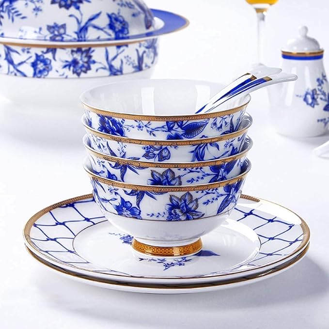 Ceramic Tableware Set, Bowls/Plates/Saucers/Spoons | Bone China Tableware Set, Modern Blue and White Porcelain Pattern Set, 60 Pieces.,-60pieces