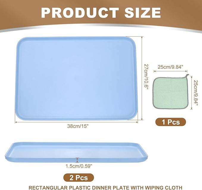 PATIKIL 15x10.6 Plastic Tray, 2 Pack Rectangular Plates Food Tray Wheat Plates Dishes Reusable Dessert Plate Trays with Cloth for Cake Fruits Salad Cupcake Steak Serving Blue