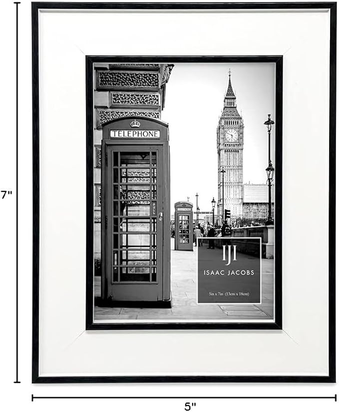 Isaac Jacobs 5x7 White w/Black (Vertical & Horizontal) Double Border Picture Frame w/Black Fabric Easel, Wall-Mountable, Made for Tabletop & Gallery, Home or Office (5x7, White W/Black)