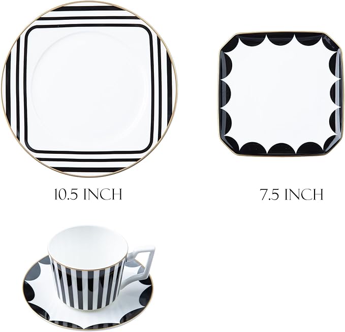 gold trim dinnerware set service for 6, 24 pieces black and white ceramic plate set, bone china plate and cup sets for hotel, birthday, Mother's Day
