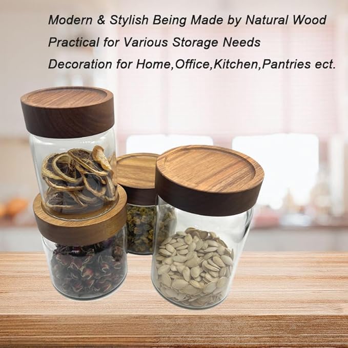Clear Glass Storage Canister with Airtight Wooden Screw Lid 25oz/750g 2 PACK with Tray,Decorative Container Jar for Coffee,Spice,Candy,Salt,Cookie,Condiment,Pepper,Sugar,Overnight Oatmeal
