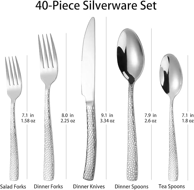 Hammered Silverware Set With Gift Box For 8 Cutlery Set Utensils Stainless Steel Flatware 40 Pieces MIKIWAY Luxury Kitchen Tableware Set For Gifts Festive, Dishwasher Safe, Mirror Polishing