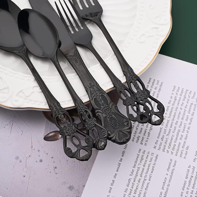 Black Flatware Set For 4, 20 Pieces 18/0 Stainless Steel Silverware Set, Cutlery Utensils Set Include Knives/Forks/Spoons, Antique Baroque Style & Luxury Mirror Polished