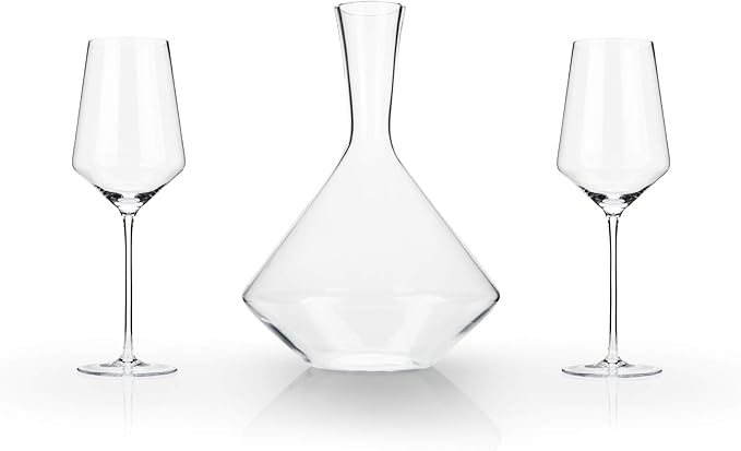 Viski Raye Angled Bordeaux Wine Glasses and Decanter Gift Set, Elegant and Modern Crystal Glassware, Home Bar, Dinner Party, Wedding Gifts, Hosting Essentials, 16 oz & 30 oz, Set of 3