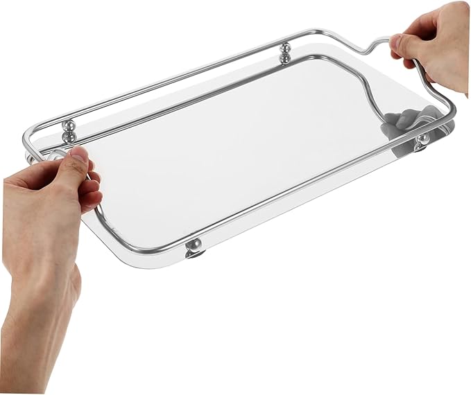 Rectangular Serving Trays Silver Serving Trays Bar Finish Serving Tray with Handles Coffee Steel Platters Tiny Key Decorative Tray Mirrored Drinks Modern Elegant Portable Small
