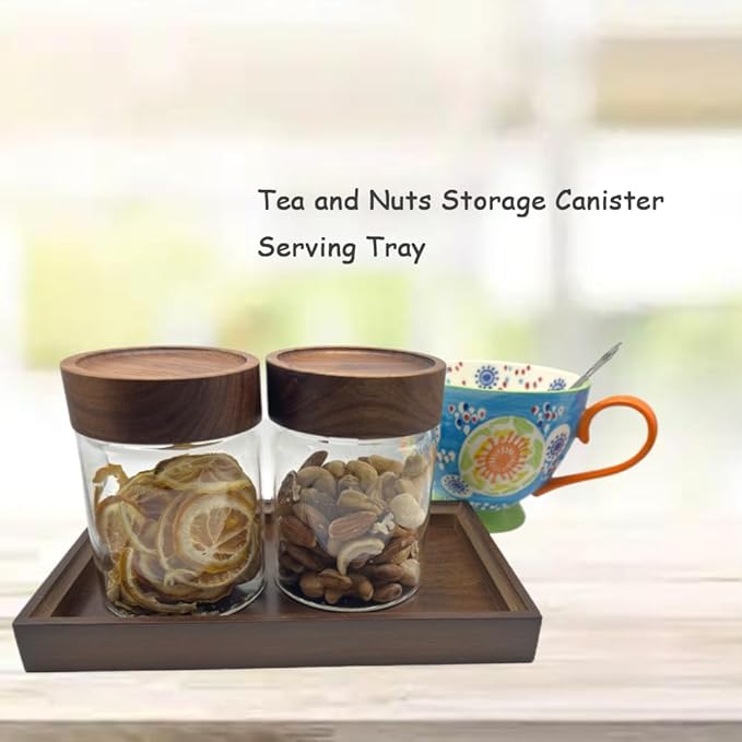 Clear Glass Storage Canister with Airtight Wooden Screw Lid 11oz/350g 2 PACK with Tray,Decorative Container Jar for Coffee,Spice,Candy,Salt,Cookie,Condiment,Pepper,Sugar,Overnight Oatmeal