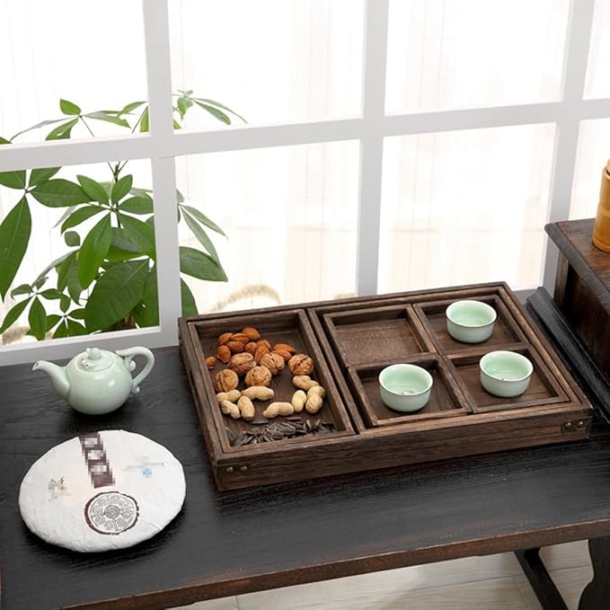 PRETYZOOM 1Pc Retro Solid Wood Tea Tray Rectangular Fruit Serving Tray for Desserts Drinks Natural Design Sturdy for Parties Home Decor Black Brown