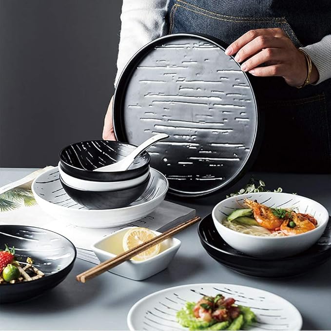 Stylish Dinner Plates,Ceramics Dinner Sets, 56 Pieces Porcelain Dinnerware Combination Set | Black and White Matte Plates and Cereals Bowls Sets for Family Gathering
