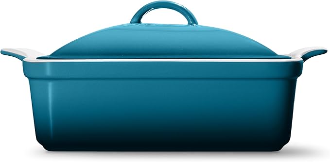 Stoneware Casserole Dish Bakeware with Lid | Covered Square Dinnerware | Medium 2 Quart, [Ocean Blue]