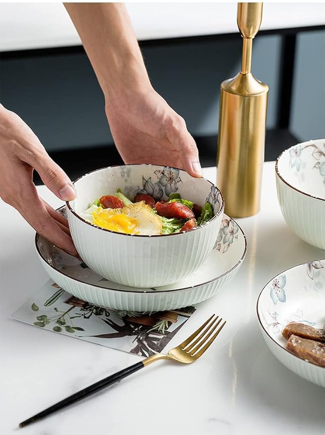 Ceramics Dinnerware Set, 16 Pcs Modern White Underglaze Color Dinner Set, Porcelain Bowls and Plates Sets, Stoneware Dishes Set, Tableware Combination Set - Plates/Bowls/