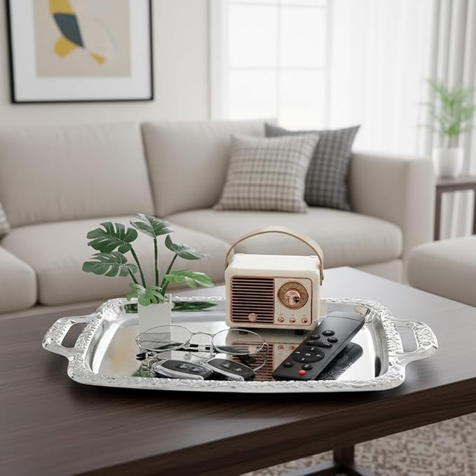 DOITOOL Vintage Silver Serving Tray Metal Decorative Tray for Serving Food Condiments Fruit, Rectangular Tableware for Kitchen Dining Living Room, 15. 35 X 9. 05 Inch
