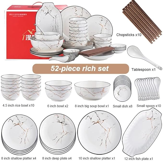 Plate Set – Kitchen Tableware Set,Ceramics Bowl and Plate Set 52-Piece Glaze Dinnerware Set, Suitable for Hotel Dinners and Family Banquet
