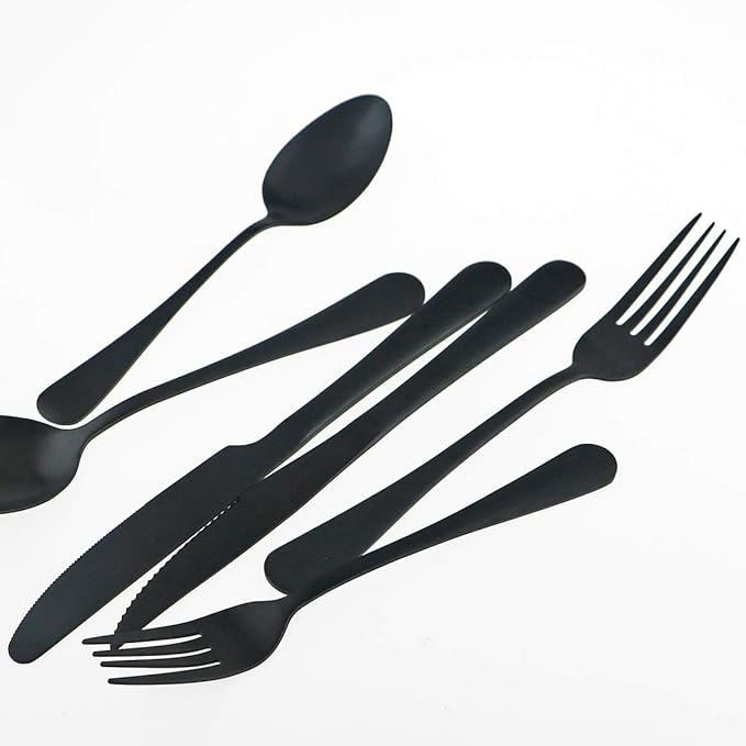 Gugrida 24-Piece Titanium Black Plated Stainless Steel Flatware Set, Travel Cutlery Include Knife Fork Spoon Service for 4,Healthy & Eco-Friendly Silverware - Matte Elegant Modern Eating Utensils