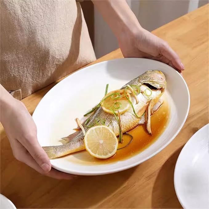 SONGCHAO Party Supplies Fish Plate Household Steamed Fish Plate Ceramic Pure Cabbage Plate Light Luxury Plate Creative Oven Double Line Plate Dinner Plate Party Plates (Size : Small)