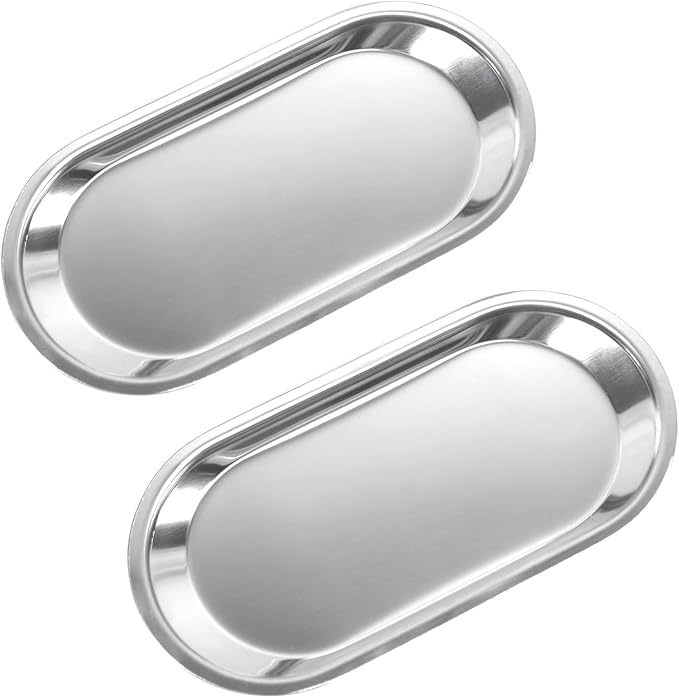Silver Tray 2 Pack Stainless Steel Decorative Tray 7 in Vanity Tray Jewelry Dish Tea Fruit Cosmetics Clutter Storage Dish Plate Bathroom Kitchen Table Serving Platter,Oval,Silver