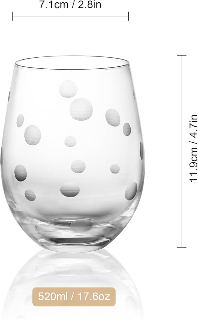 Joeyan Hand Blown Etched Stemless Wine Glasses with Dots Swirls Pattern for Red Wine,Large Carved Drinking Glass Cups Tumblers for Wedding Anniversary Party Home,Set of 2, 17.5 oz, Dishwasher Safe