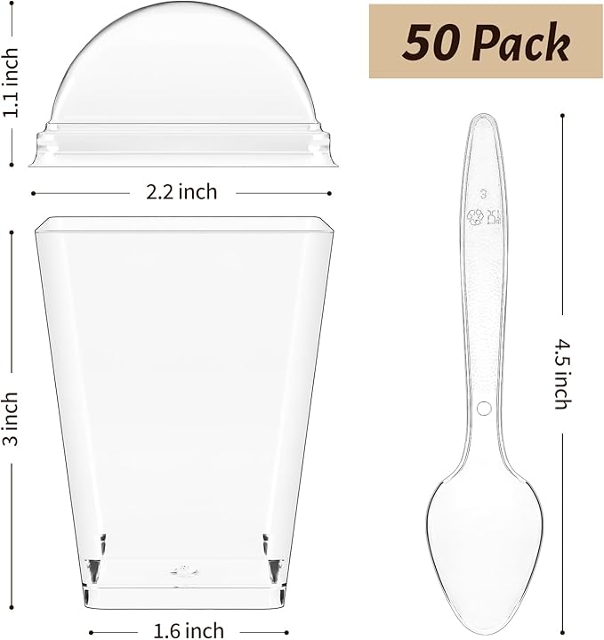 5oz Plastic Dessert Cups with Dome Lids and Spoons, 50 Pack Mini Clear Parfait Cups Square Party Serving Cup for Pudding, Appetizer, Fruit and Ice Cream