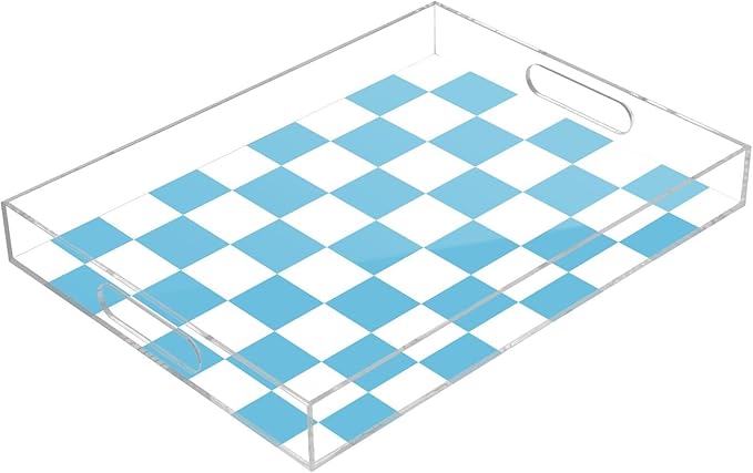 Serving Tray with Handles Clear Acrylic Tray 12x16 Inch Decorative Rectangular Tray Organizer for Ottoman Coffee Table Bathroom Checkered Blue and White