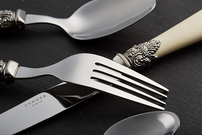 Annova Flatware 24 Pieces Set/Stainless Steel Vintage Silverware/Cutlery Set, Ivory Color, Dinner Knife/Dinner Fork/Dinner Spoon/Dessert Spoon, Mirror Polished, Service for 6 - Cream/Ivory Vintage