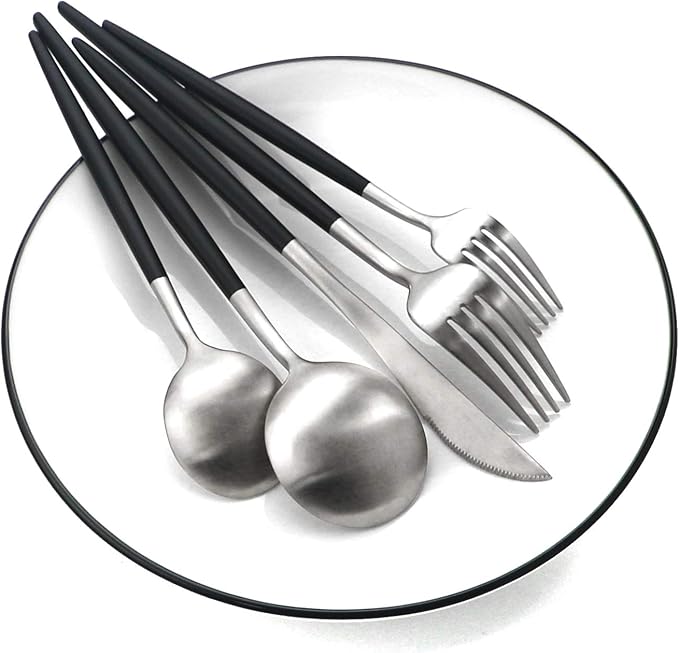 Gugrida Black Silver Flatware, Royal 5 Piece Matte Black Handle 18/10 Stainless Steel Tableware Sets for 1 Including Forks Spoons Knives, Camping Silverware Travel Utensils Set Cutlery Black/Silver