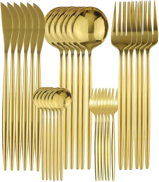 Gugrida 30Pcs Mirror Polish Gold Cutlery Set 304 Stainless Steel Dinnerware Set Kitchen Tableware Set Fruit Cake Fork Flatware Silverware Table Set,Service for 6