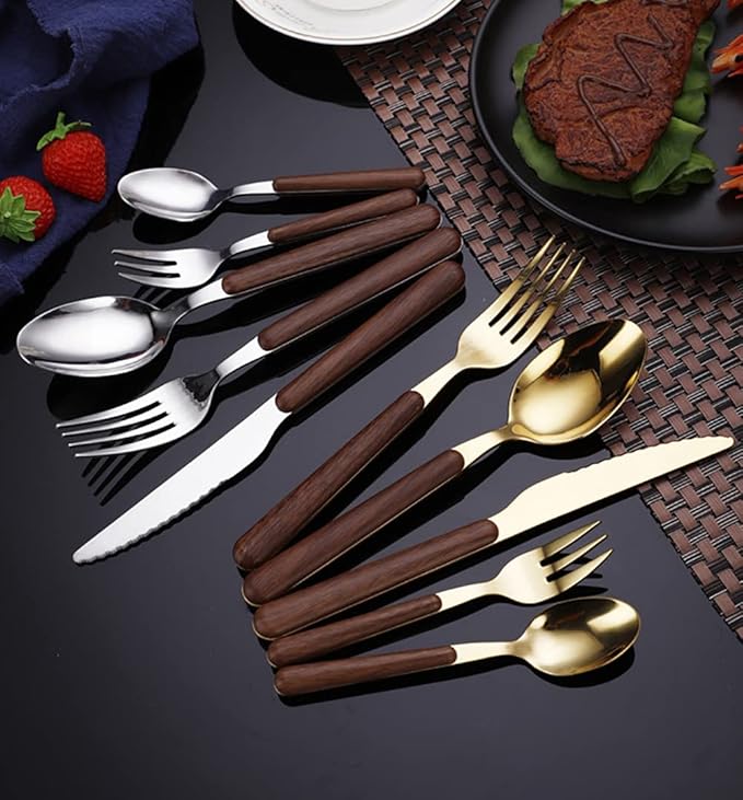 Gold Wood Silverware Set for 14 Durable Stainless Steel Flatware Set 70 Piece Wooden Grain Cutlery Tableware Utensils Set for Home Kitchen Wedding Restaurant Knifes Forks and Spoons