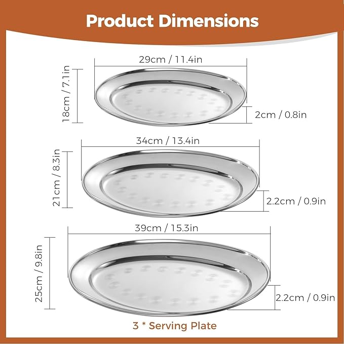 3 Oval Stainless Steel Serving Trays Set, Mirror Polished Food Tray for Dinners, Parties, Waiter'S Tray, Sizzling Platters for Restaurants