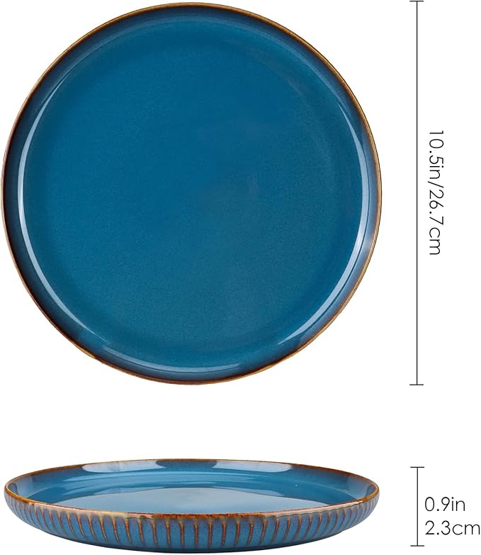 CSYY 2 Pack Large Dinner Plates, 10.5 Inch Blue Porcelain Salad Plates Round Ceramic Serving Dining Plate Set for Dinner Pasta Fruit Salad