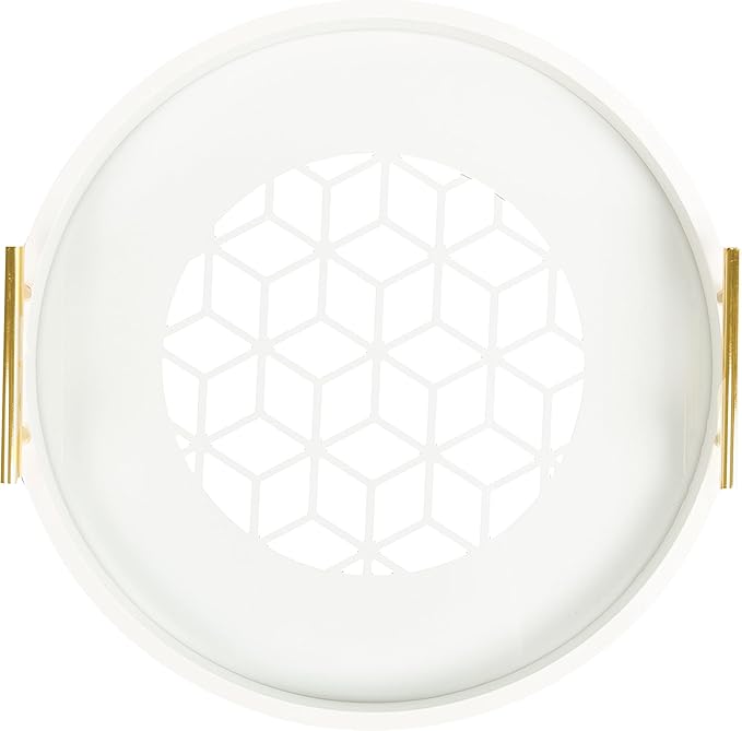 Kate and Laurel Caspen Round Cut Out Pattern Decorative Tray with Gold Metal Handles, White