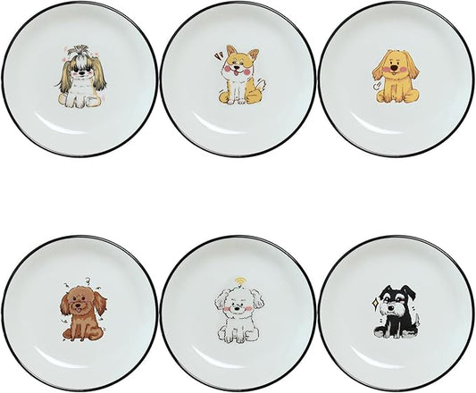 Funny Cartoon Cute Dogs Pattern Ceramic Sauce Dishes, Seasoning Dishes, Sushi Soy Dipping Bowls, Appetizer Plates, Dessert Plates, Little Cat Bird Feeding Bowls, Set of 6-Cute Dogs-5 Inch