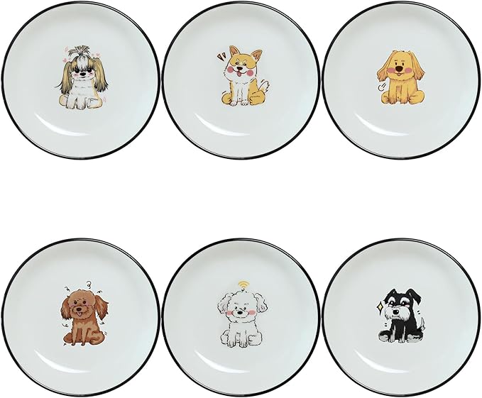 SOCOSY Super Cute Cartoon Animals Ceramic Sauce Dishes, Seasoning Dishes, Little Cat Dog Bird Feeding Bowls, Sushi Soy Dipping Bowls, Appetizer Plates, Dessert Plates, Set of 6-Cartoon Dog-5 Inch
