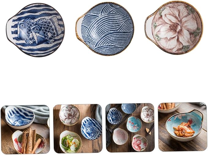 Mobestech 3Pcs Ceramic Appetizer Plates Hand Painted Sauce Bowls for Dipping Seasoning Kitchen Tableware for Home School Picnic Travel Random Styles