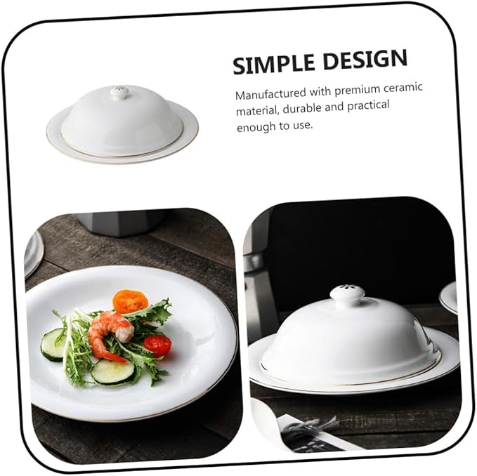 Mobestech Gold Trimmed Ceramic Plate with Lid for Western-style Cuisine Steak Serving Tray Food Storage Dishwasher Safe for Entertaining and Meal Prep