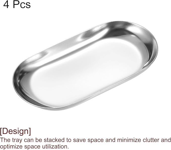 uxcell 4pcs Stainless Steel Decorative Tray, 3.9" Oval Serving Tray Metal Decorative Plate for Perfume Jewelry Cosmetic Bathroom Organizer, Silver